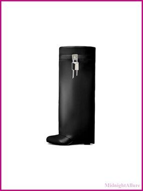 Fold Over Wedge Boots Vegan Leather Padlock Knee High Heeled Booties